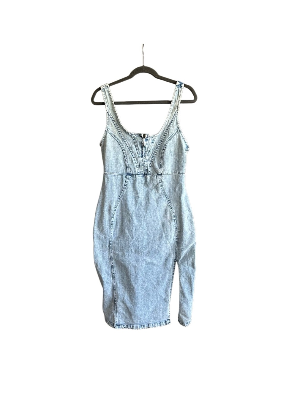 Mermaid Fitted Acid Wash Denim Midi Dress with Front Slit. Medium - Picture 4 of 14